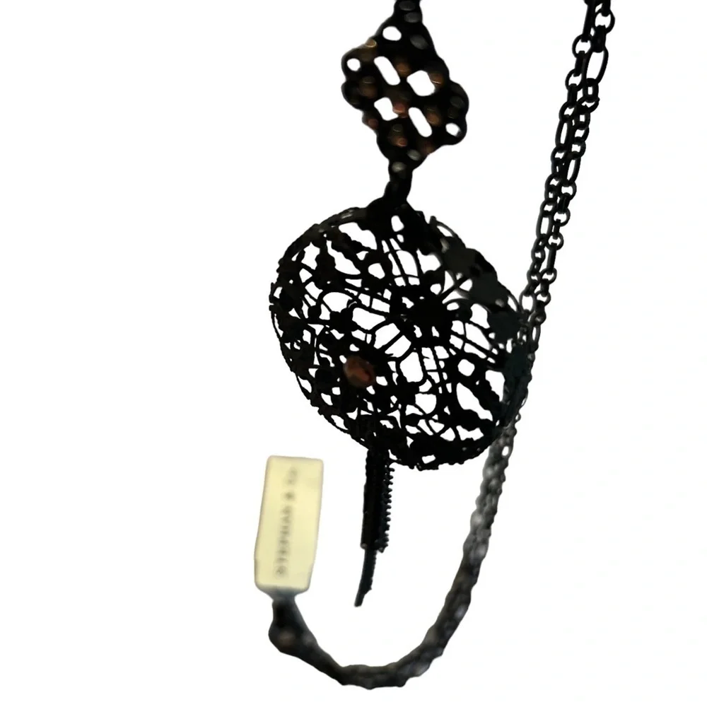 Necklace Stephan & Co. Matte Black 3D Lace Metal Pink Rhinestone Tassel